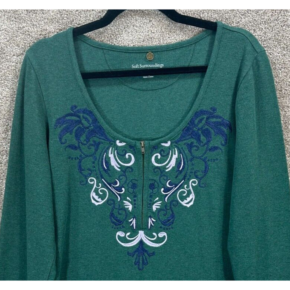 Soft Surroundings Top Womens Large Green Embroidered 1/4 Zip Modal Blend Blouse